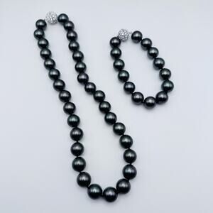 Simulated Tahitian Pearl Necklace and Bracelet Pave Crystal Screw Closure Bead